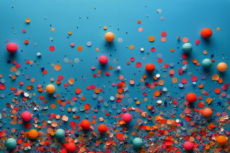 Colorful paper pom poms in orange, pink, purple, and blue are scattered across a lively blue backdrop, creating a cheerful atmosphere for a party or gathering.の素材