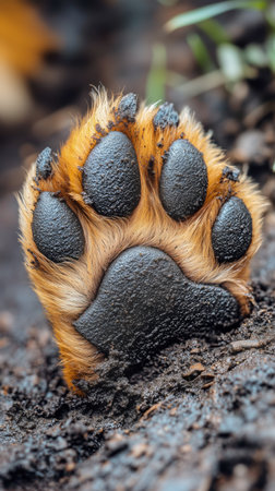 A clear view of a dogs paw print embedded in muddy ground reveals the intricate patterns of the pad and claws, highlighting the texture and natural setting after a recent walk.の素材