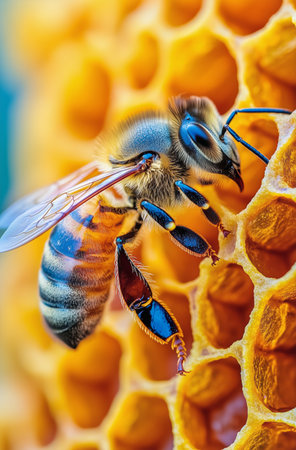A bee collects nectar from a honeycomb, showing its intricate features and the hexagonal structure surrounding it.の素材