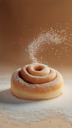 A freshly baked cinnamon roll rests on a wooden surface, showing its golden-brown spirals and dusting of powdered sugar, inviting a delightful treat.の素材