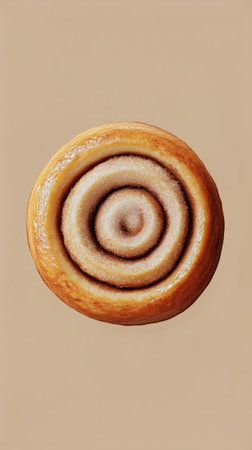 Swirls of a freshly baked cinnamon roll topped with sugar create a tempting sight against a neutral backdrop. The soft texture and aromatic essence enhance the appeal.の素材
