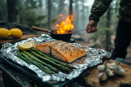 Salmon fillets are seasoned and arranged on a foil tray with asparagus, cherry tomatoes, and lemon slices, ready for grilling or roasting.の素材