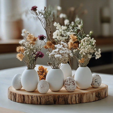 A beautiful arrangement features delicate flowers in white egg-shaped vases, set on a wooden tray with speckled decorative eggs. Soft lighting enhances the serene atmosphere.の素材