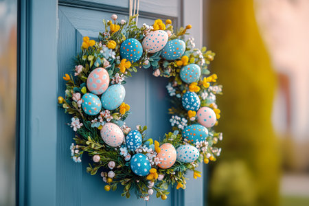 A vibrant wreath decorated with colorful speckled eggs and yellow flowers hangs on a welcoming front door, showingcasing festive Easter spirit and spring charm.の素材