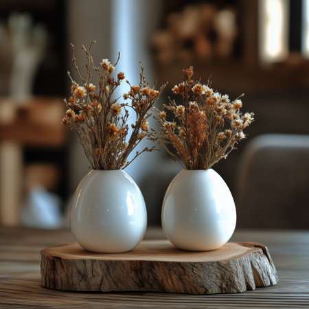 Three elegant ceramic vases filled with dried flowers are arranged on a wooden tray, enhancing the warm, minimalist interior of a cozy living space.の素材