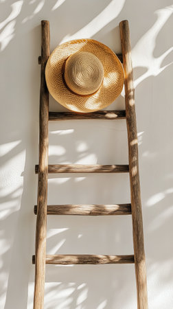 A straw hat is placed on a rustic wooden ladder against a white wall. Sunlight filters through, casting gentle shadows that enhance the tranquil atmosphere of the room.の素材
