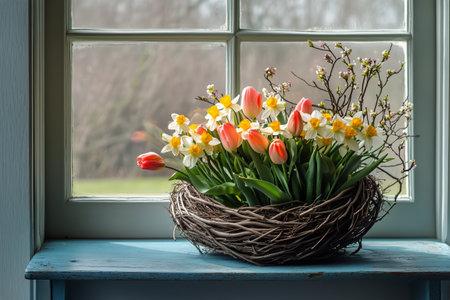 Bright red tulips and cheerful daffodils fill a nest-like arrangement on a windowsill, showcasing springs vibrant beauty and the gentle play of natural light.の素材