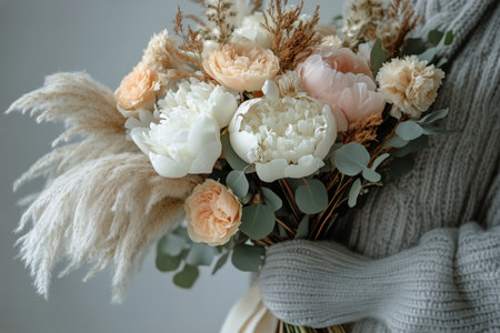 A delicate bouquet with white peonies, eucalyptus, and dried flowers is held against a muted background. The arrangement showcases soft textures and colors for a serene aesthetic.の素材
