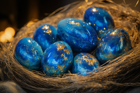 Bright blue Easter eggs, featuring each gold foil accents, are artistically arranged in a natural nest made of twigs. The setting highlights the beauty of springtime celebrations.の素材