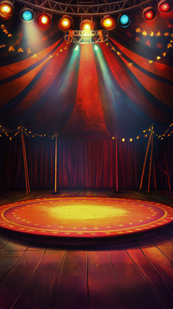 A vibrant circus tent with red and blue stripes features glowing spotlights illuminating a central area. The festive atmosphere invites excitement and anticipation for performances.の素材
