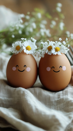 Two brown eggs with happy faces and flower crowns are displayed on a rustic cloth. Delicate white flowers add charm to the festive spring atmosphere.の素材