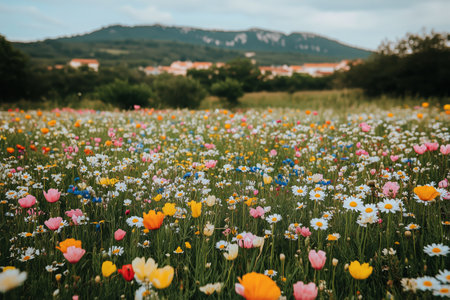 A colorful meadow filled with blooming wildflowers, showing various hues of daisies and poppies under a bright blue sky. The scene captures the beauty of nature in springtime.の素材