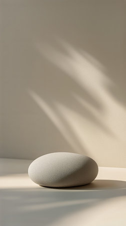 A smooth, rounded stone rests on a light surface, with delicate shadows of plants creating an artistic pattern under soft afternoon sunlight.の素材
