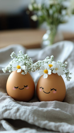 Two brown eggs with happy faces and flower crowns are displayed on a rustic cloth. Delicate white flowers add charm to the festive spring atmosphere.の素材