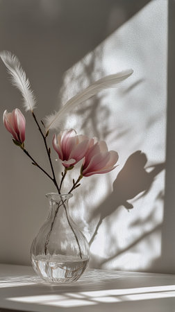 Soft pink and white magnolia branches elegantly arranged in a clear glass vase stand against a simple wall, enhancing the serene and minimalist aesthetic of the space.の素材