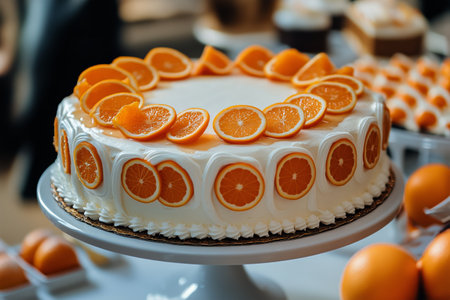 A delicious orange cake is beautifully decorated with whipped cream and fresh orange slices, presented on a white cake stand at a bakery.の素材