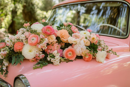 A vintage pink vehicle adorned with a variety of colorful flowers, creating a delightful display in a vibrant garden during daylight hours.の素材