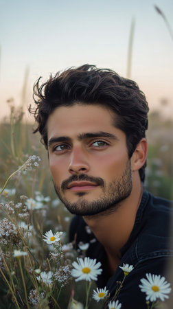 A young man with dark hair and a beard looks into the distance, surrounded by blooming wildflowers during a serene sunset. His expression reflects contemplation and peace.の素材