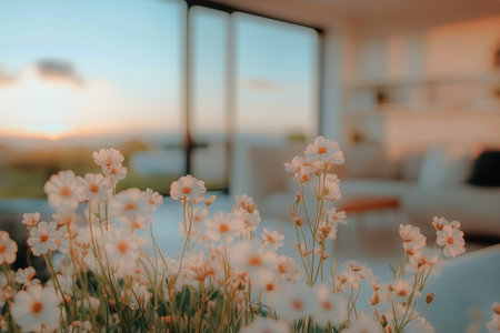 Delicate flowers bloom in a bright living room, capturing the warm glow of a sunset while offering a view of distant hills and a serene ambiance.の素材