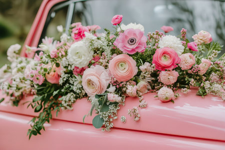 A vintage pink vehicle adorned with a variety of colorful flowers, creating a delightful display in a vibrant garden during daylight hours.の素材