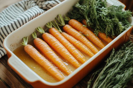 Freshly harvested carrots lie in a baking dish surrounded by vibrant herb sprigs. The composition highlights the colors and textures of the vegetables in a rustic kitchen setting.の素材