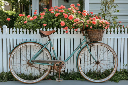 A turquoise vintage bicycle with a wicker basket filled with vibrant flowers stands next to a charming white picket fence in a peaceful garden during daylight.の素材