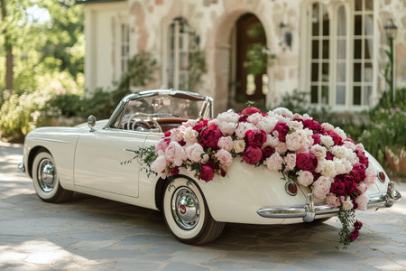 A vintage convertible car features a vibrant floral arrangement on its rear. The setting is a sunny outdoor area, perfect for spring celebrations and gatherings.の素材