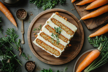 A beautifully arranged carrot cake with layers of frosting sits on a wooden platter. Fresh carrots and herbs surround it, creating an inviting dessert display perfect for any gathering.の素材