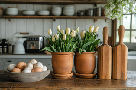 A bouquet of vibrant tulips sits in a rustic vase beside wooden rolling pins and fresh eggs on a table, creating a cozy kitchen atmosphere filled with culinary potential.の素材