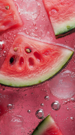 A vibrant watermelon slice rests in a fizzy drink surrounded by ice cubes, capturing the essence of a refreshing summer beverage enjoyed on a sunny afternoon.の素材