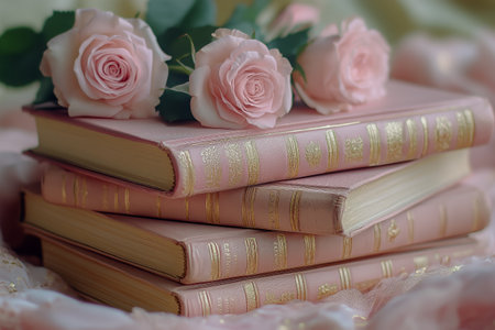 Soft pink roses are beautifully arranged on top of a stack of vintage books. The background is softly blurred, creating a tranquil and elegant atmosphere.の素材