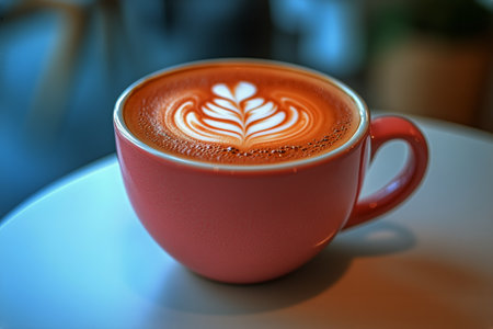 A perfectly brewed latte with intricate latte art sits in a pink striped mug on a marble surface. Soft cafe ambiance and natural light enhance the inviting atmosphere of the morning.の素材