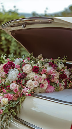 A vintage car with an open trunk filled with gorgeous flowers sits in a peaceful outdoor area.の素材