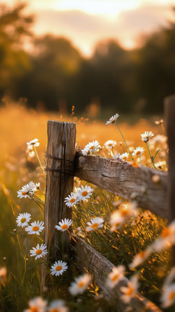 Golden sunlight breaks through trees to illuminate a field of wildflowers and a rustic wooden fence at dawn, creating a peaceful countryside atmosphere.の素材