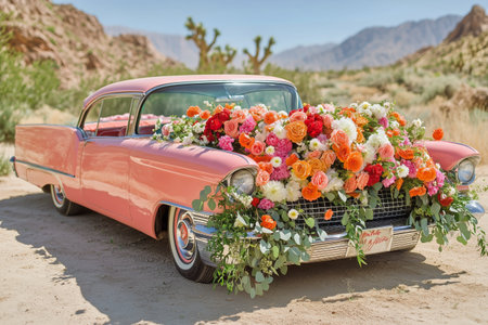 A classic pink car overflowing with vibrant flowers is parked in a desert setting, surrounded by rugged mountains and greenery in bright daylight.の素材