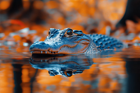 A vibrant crocodile floats on calm water, partially submerged while autumn leaves surround it. The dusk light illuminates the scene, enhancing the colors of the crocodiles skin.の素材
