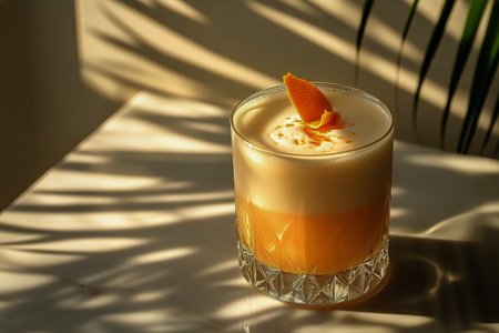 A glass cocktail sits on a marble table, featuring creamy foam topped with a citrus slice. Light creates beautiful shadows from nearby plants, adding to the atmosphere.の素材