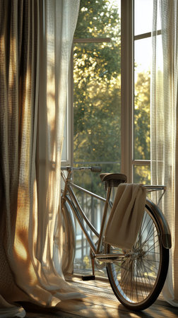 Sunlight floods a cozy apartment as a vintage bicycle leans against a window. A soft cloth drapes over it, while greenery outside brings a touch of nature into the urban space.の素材