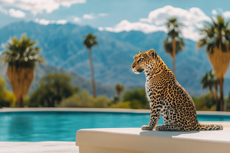 A leopard rests gracefully on the edge of a pool, with palm trees and majestic mountains providing a stunning backdrop. The scene captures the essence of relaxation and natural beauty.の素材