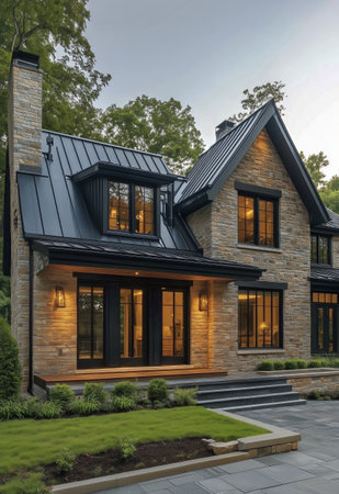 A modern stone house showcases large windows, elegant lighting, and a well-maintained yard. This captivating architectural design stands in a peaceful neighborhood during twilight.の素材