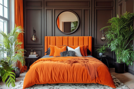 This bedroom stylish showcases bright orange elements, a comfortable bed with plush bedding, and large plants by the windows, creating a vibrant and inviting atmosphere.の素材