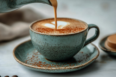 A warm beverage is being poured into a speckled ceramic cup sitting on a matching plate. The scene captures the inviting moment of enjoying a cozy drink.の素材