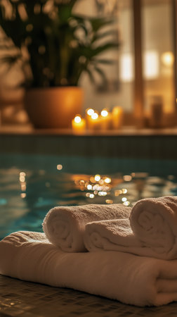 Soft candlelight reflects on the waters surface in a serene spa setting. Fluffy towels are neatly placed by the edge, inviting guests to unwind and enjoy the peaceful ambiance.の素材