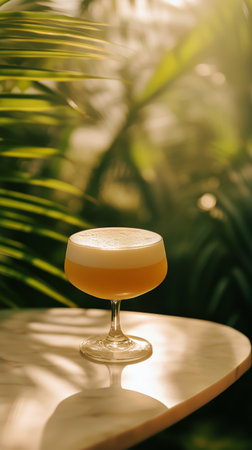 A beautifully crafted cocktail rests on a marble table with soft sunlight filtering through vibrant green leaves, creating a serene and inviting atmosphere.の素材