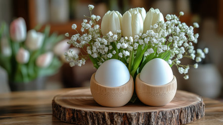 Bright white tulips and delicate flowers create a lovely centerpiece with decorative eggs, adding a fresh spring touch to a home gathering or celebration.の素材