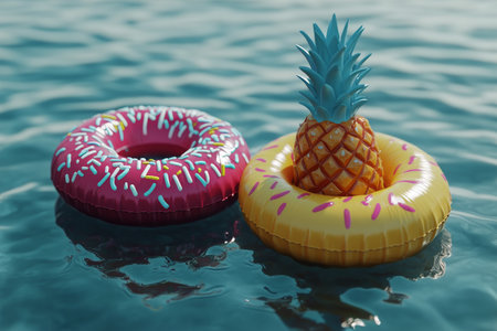 Two vibrant inflatable pool floats, one a purple donut and the other a yellow pineapple, are resting in a pool under bright sunlight creating sparkling reflections on the water.の素材