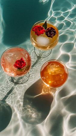 Three colorful cocktails are placed on the edge of a pool, featuring ice, garnishes, and a bee in one drink, creating a refreshing summer vibe.の素材