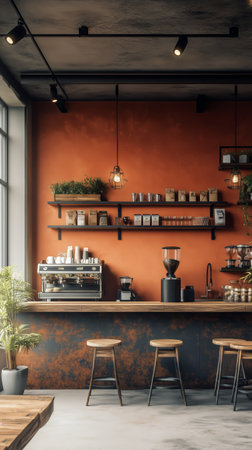 A warm and inviting coffee shop features an orange color scheme, wooden shelves adorned with plants, and a cozy seating area, creating a relaxed atmosphere in the afternoon light.の素材
