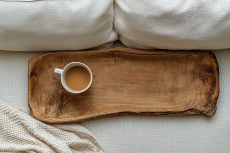 A well-crafted wooden tray holds a steaming cup of coffee, placed on a soft fabric surface that adds a cozy touch to the moment. Perfect for a relaxing break.の素材