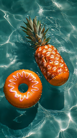 A colorful pineapple float rests atop a vibrant donut float in a clear blue pool. Sunlight sparkles on the water, creating a lively summer atmosphere perfect for relaxation.の素材